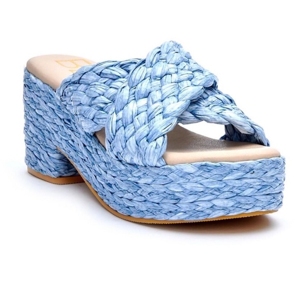 Beach Matisse Sky Blue Woven Raffia Platform Block Heel Slide Sandals Women's 9